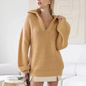 Knit Collar V-Neck Long Sleeve Sweater Tan Taupe